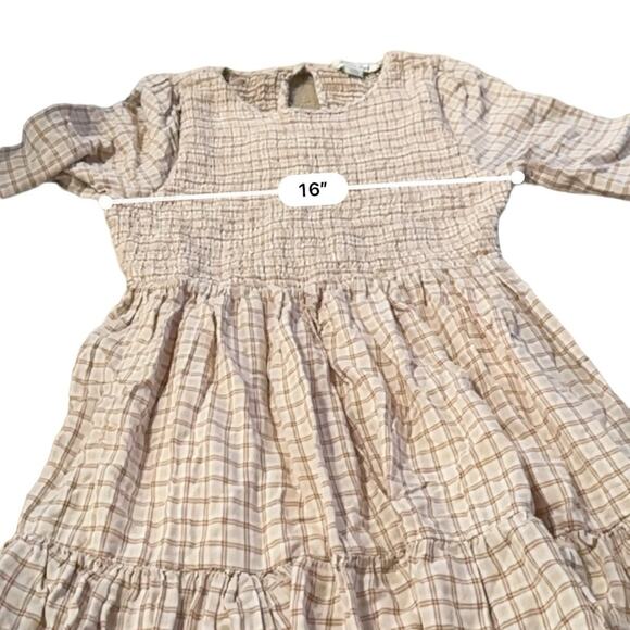 American Eagle Cream & Tan Check Long Sleeve Smocked Tiered Mini Dress Sz S NEW‎ - Picture 8 of 9